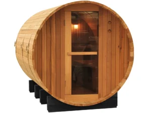 Cedar Haven four person outdoor barrel sauna in Western Red Cedar