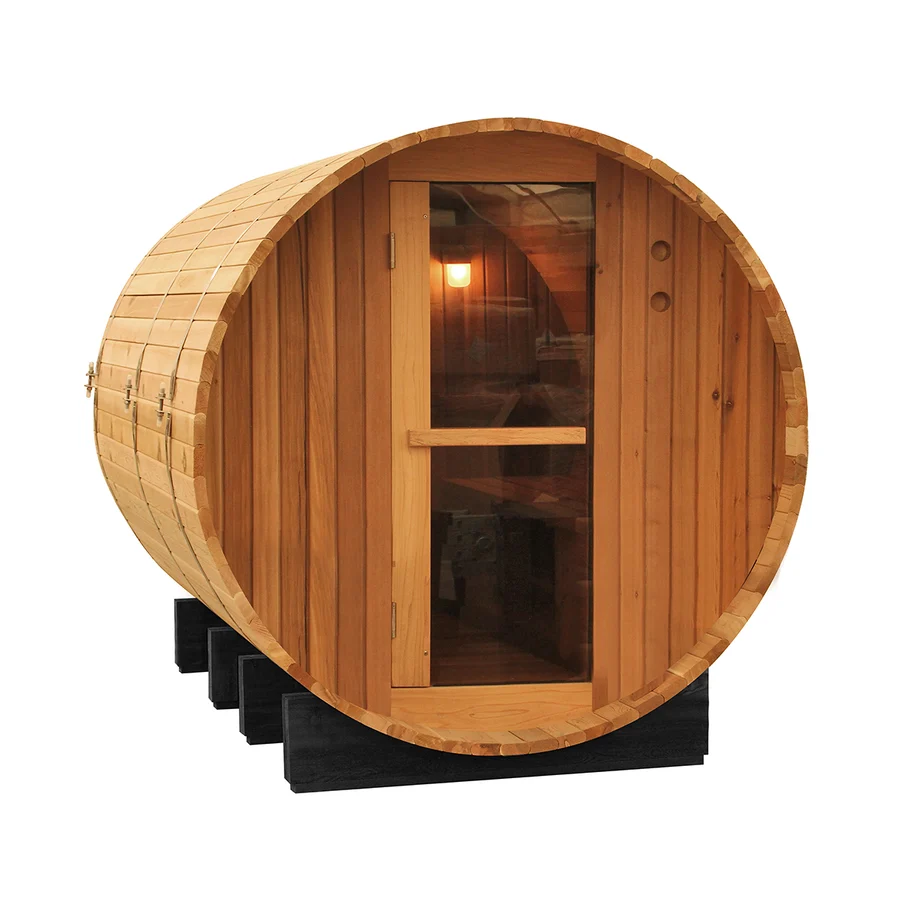 Cedar Haven four person outdoor barrel sauna in Western Red Cedar