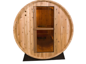 Rowan 4 outdoor barrel sauna front view